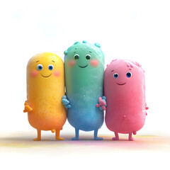 Three colorful cartoon characters embracing friendship and happiness