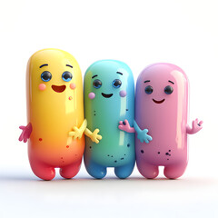 Three colorful cartoon characters hugging each other, showing friendship and happiness