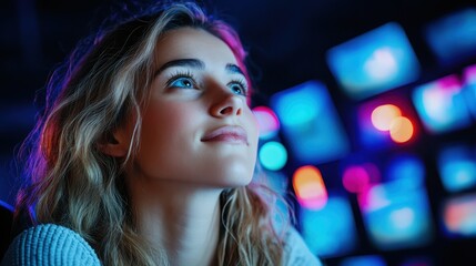 A young woman with a serene smile is surrounded by glowing screens, her expression reflecting tranquility and wonder in an artistic representation of modern life and its influences.