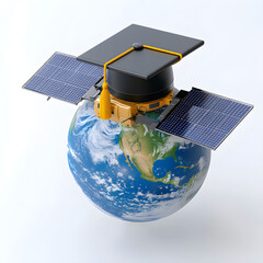 Satellite wearing graduation cap orbiting earth, promoting space education