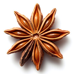 Star anise seed pod showing eight carpels forming star shape on white background