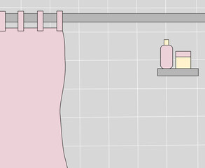 Pink shower curtain and beauty products on a shelf in modern bathroom, copy space