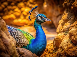Peacock Hideout: Vibrant Blue Bird in Sandy Rocks - Stunning Nature Photography