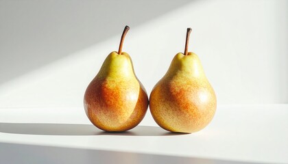 Fresh pears displayed on white surface natural light photography minimalist style indoor close-up healthy eating concept