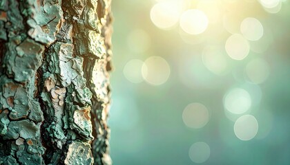 Fototapeta premium Close-up of tree bark with soft bokeh background in natural setting capturing textures and light play