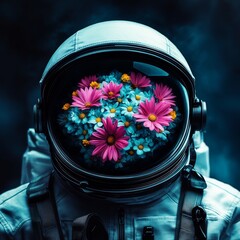 Surreal astronaut helmet blooming with neon daisies