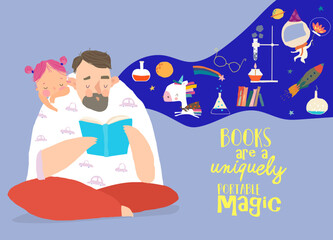 Cute Cartoon Father wearing Pajamas reading Book with His Daughter