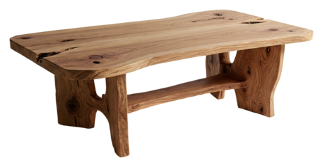 Table basse en bois brut avec un design sculptural et organique, détourée sur fond transparent