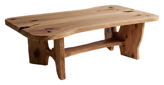 Table basse en bois brut avec un design sculptural et organique, détourée sur fond transparent