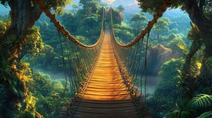 Fototapeta premium Jungle Rope Bridge Through Lush Canopy