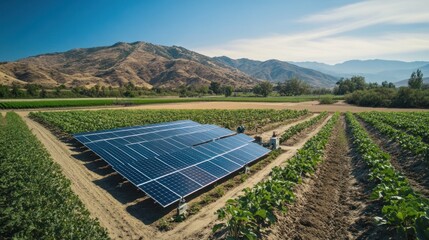 Solar panels installed in a farm field, powering sustainable agriculture