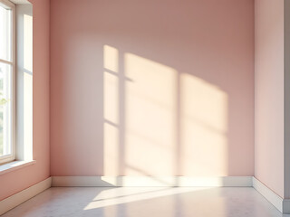 Fototapeta premium Natural light shadows on pink wall interior minimalist room tranquil ambiance bright view