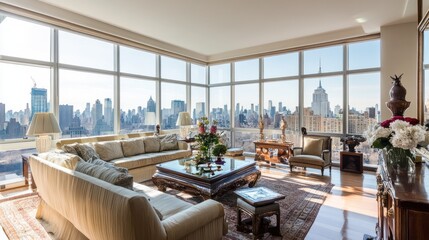 Luxurious high-rise living room with panoramic city views during daytime