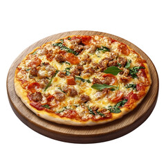 pizza on wood plate isolated on white background