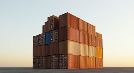 Stacked shipping containers against clear sky representing global trade and logistics