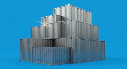 Stacked metallic shipping containers on blue background