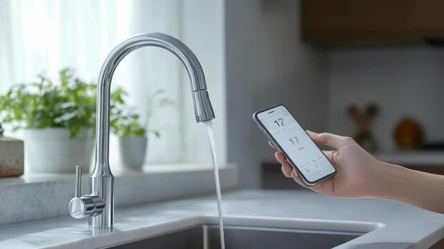 close-up of smart faucet dispensing filtered water with customizable temperature and flow settings via smartphone control,