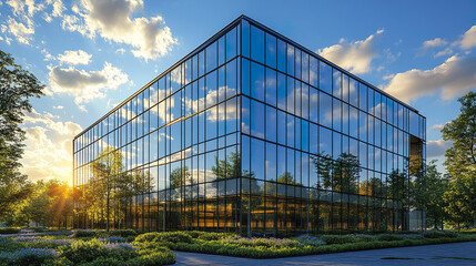 Fototapeta premium modern corporate building with reflective glass and lush greenery surrounding it, showcasing