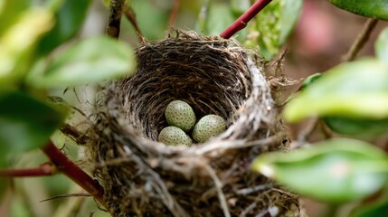 Speckled Eggs in a Natural Bird Nest