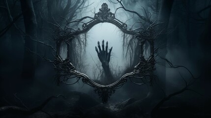Halloween & Spooky: Gothic mirror rift, cracked mirror with shards suspended in mid-air, eerie reflections of a skeletal hand reaching outward