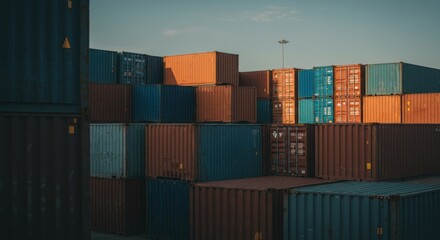 Stacked shipping containers in a commercial port logistics scene