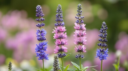 Several purple and pink salvia flowers stand tall in a garden setting.
