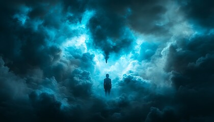 Lone figure amidst swirling, luminous clouds