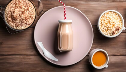 Milk and Breakfast Cereal on a Wooden Table