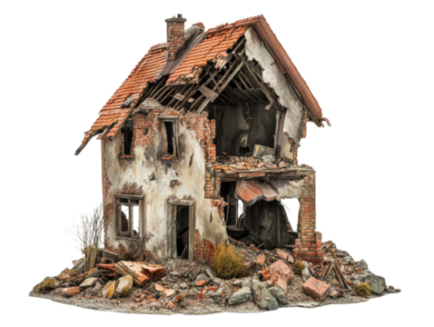 Detailed miniature of a dilapidated house with decaying architecture stands isolated