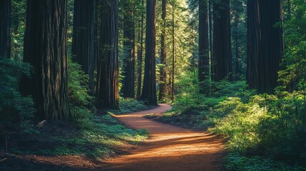 Scenic redwood forest trail sunlight path nature walk hiking calm park view trees woods green image © Honey