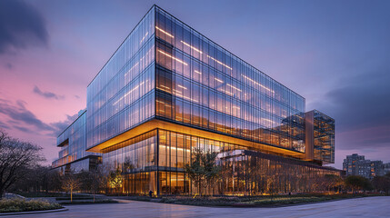 Fototapeta premium Modern glass architecture showcases stunning cityscape dusk, radiating elegance and innovation