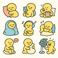 Cozy characters enjoying various relaxing activities like sleeping, snacking, and listening to