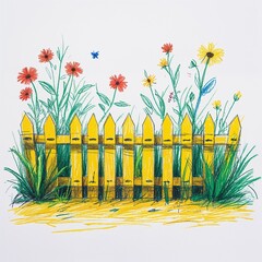 Yellow garden fence crayon childish sketch drawing on plain white background