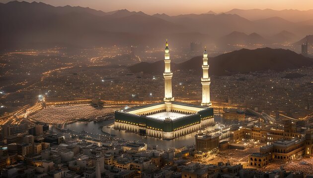 Aerial View of the Grand Mosque in Mecca at Dusk - Powered by Adobe