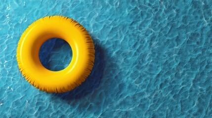Naklejka premium Yellow Inflatable Ring Floating on Blue Water Summer Vacation Concept Relaxing Scene