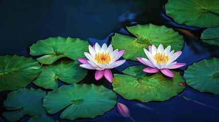 Colorful lotus flowers bloom on vibrant water surfaces, blending rainbow hues with dynamic brushstrokes. Bright petals, lush green leaves, and shimmering reflections.