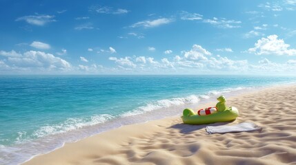 Serene Summer Beach Scene Inflatable Boat and Towel on Sandy Shore