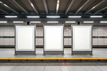 Front view of three empty white billboard screens at the metro station. Mock up. Blank advertising billboards in the subway