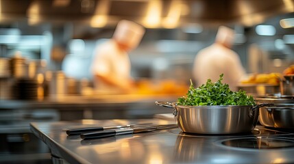 Professional chefs preparing food in a modern kitchen.