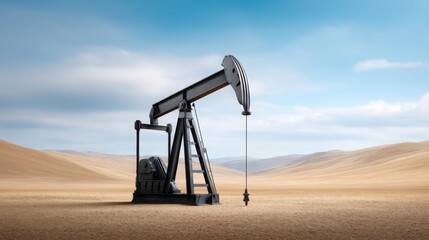 Fototapeta premium Oil pumpjack operating in a barren desert landscape, clear blue sky, detailed textures of sand 