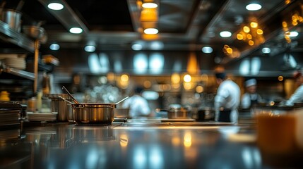 Blurred interior view of a busy commercial kitchen.