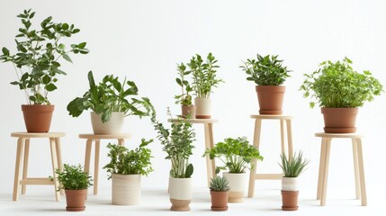 Fototapeta premium Variety of lush green plants on wooden stools with neutral ceramic pots on white background.