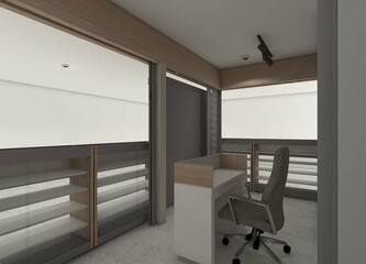 Contemporary 3D rendering of a minimalist checkout counter and service desk for a small retail space.