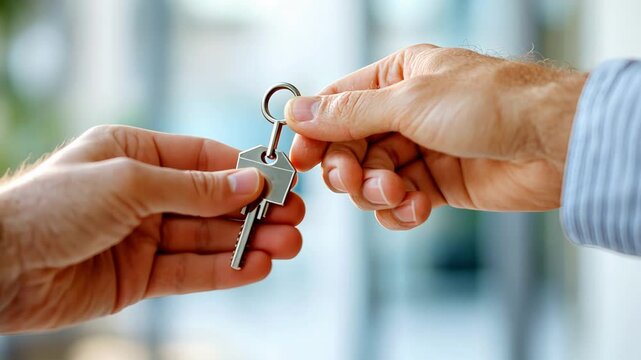 Hands exchanging house key symbolizing real estate transaction and new home ownership. - Powered by Adobe