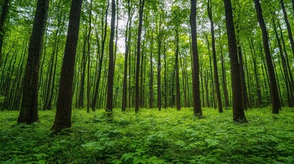 Naklejka premium Vibrant forest landscape with tall, green trees and lush ground cover on white background.
