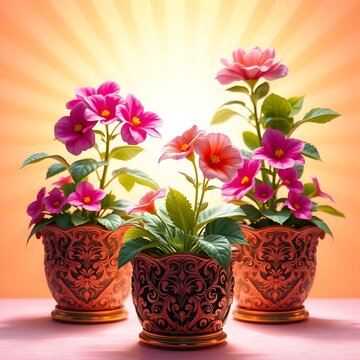 Tres macetas de metal con flores rosas y rojas