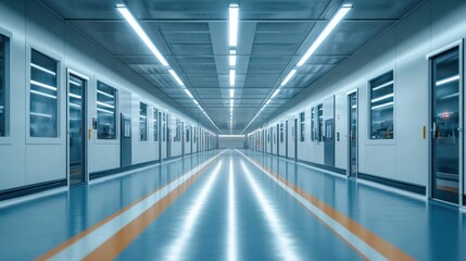 Subway train interior with blue lighting and empty seats in perspective view.