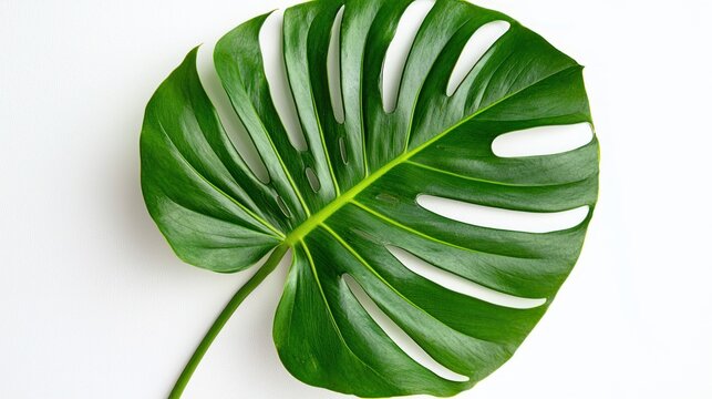 Vibrant monstera leaf with slight browning on white background