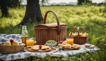 Picnic Basket with Fresh Food in the Meadow