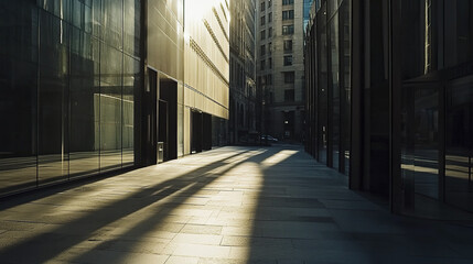 serene urban scene featuring contemporary glass buildings reflecting sunlight, creating long